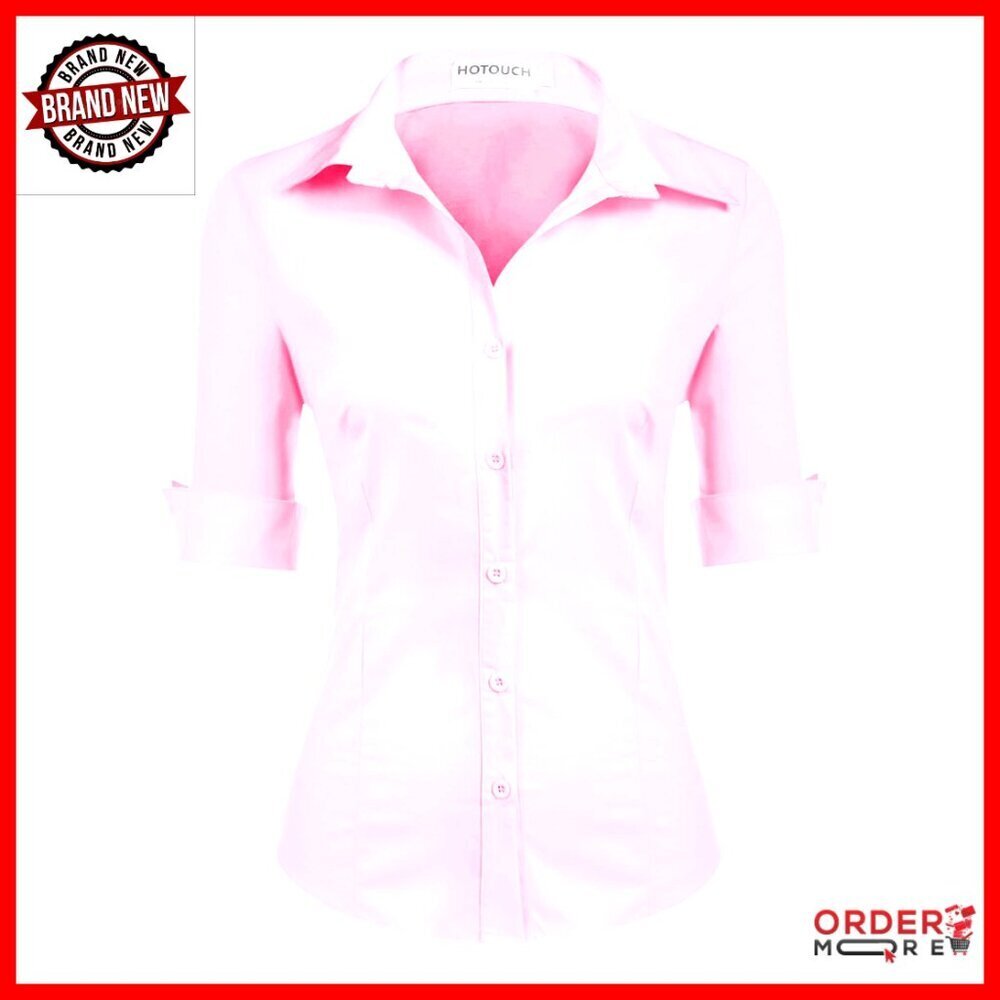 Slim Fit 3/4 Sleeve Button Down Cotton Blouse Office Work Shirt